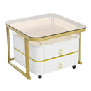 2-in-1 Square Nesting Coffee Table with Wheels & Drawers, Stackable Side Table with High Gloss Marble Grain Top, End Table Set with Brown Tempered Glass for Living Room, White