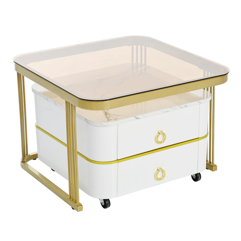 2-in-1 Square Nesting Coffee Table with Wheels & Drawers, Stackable Side Table with High Gloss Marble Grain Top, End Table Set with Brown Tempered Glass for Living Room, White