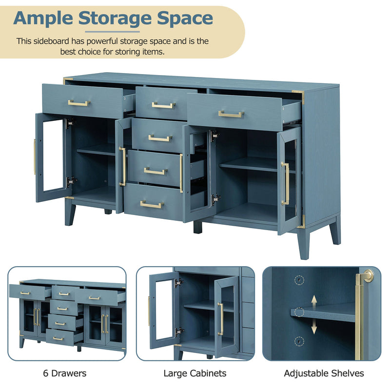 6-drawer and 2-Cabinet Retro Sideboard with Extra Large Storage Space, with Gold Handles and Solid Wood Legs, for Kitchen and Living Room (Antique Blue)