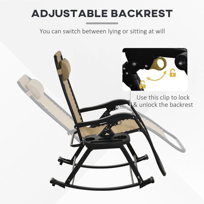 2 Pieces Outdoor Rocking Chairs, Foldable Reclining Zero Gravity Lounge Rocker with Pillow, Cup & Phone Holder, Combo Design with Folding Legs, Beige