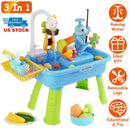 3 In 1 Kitchen Sink Toy with Electric Faucet Water Table Fishing Game Role Play Sink Set Indoor Outdoor for Kids Aged 3+ Years Old