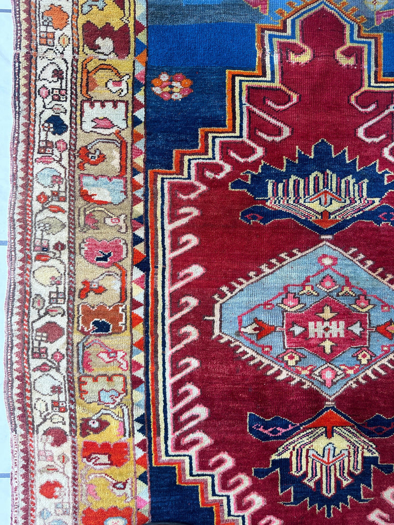 Hand-Knotted Antique Turkish Melas Wool Rug – 4'3" x 5'11" – Vibrant Geometric Motifs