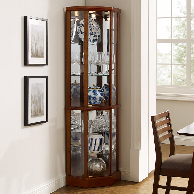6 Shelf Lighted Corner Curio Cabinet with Adjustable Tempered Glass Shelves and Mirror Back, Walnut