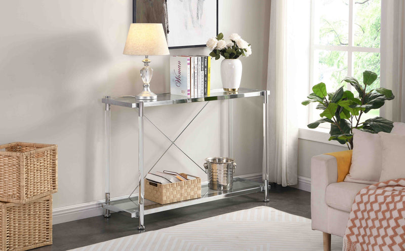 43.31" Chrome Glass Sofa Table, Acrylic Side Table, Console Table for Living Room& Bedroom