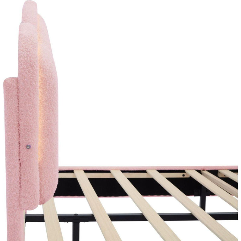 2-Pieces Bedroom Sets Full Size Flower-Shaped Upholstered LED Platform Bed with Storage Ottoman-Sherpa Fabric, Pink