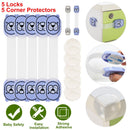 5Pcs Kids Safety Locks w/ 5 Furniture Corner Protectors Drawer Cabinet Strap Locks Baby-Proof Adhesive Fridge Latches Locks