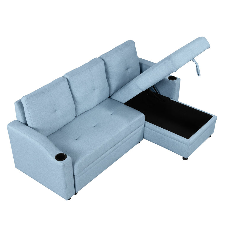 80.3" Pull Out Sofa Bed Modern Padded Upholstered Sofa Bed, Linen Fabric 3 Seater Couch with Storage Chaise and Cup Holder, Small Couch for Small Spaces