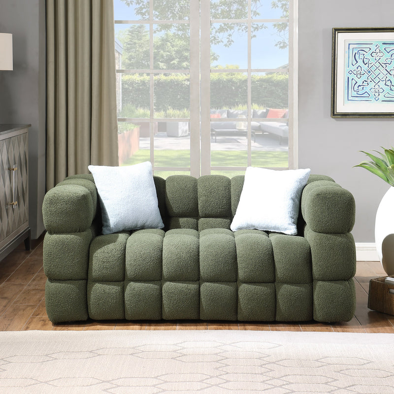 84.3/62.2 length, 35.83" deepth, human body structure for USA people, marshmallow sofa,boucle sofa, olive green color,3 seater. sofa and loveseater