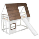 Wood Twin Size House Bunk Bed With Roof, Ladder And Slide - White / Brown by Unique Piece Furniture