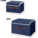 ANMINY 2PCS Storage Bins with Lid PU Leather Handles Storage Boxes PP Plastic Board Decorative Foldable Lidded Cotton Linen Fabric Home Cubes Baskets Closet Organizer Containers - Blue, Small Size by CozyNest Decor