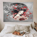 Japanese Geisha Tapestry Asian Red Cherry Blossom Red Sun Traditional Kimono Folk Tapestries Home Decor for Living Room Bedroom Apartment Farmhouse Dorm 90"x60" by CozyNest Decor