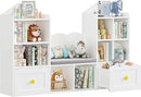 Kids Bookshelf with Reading Nook, Kids Bookcase with Soft Cushion Seat, 2 Wheels Drawers and 8 Storage Cubbies, Toy Storage Organizer for Kid's Room Playroom, Bedroom, School, White by CozyNest Decor