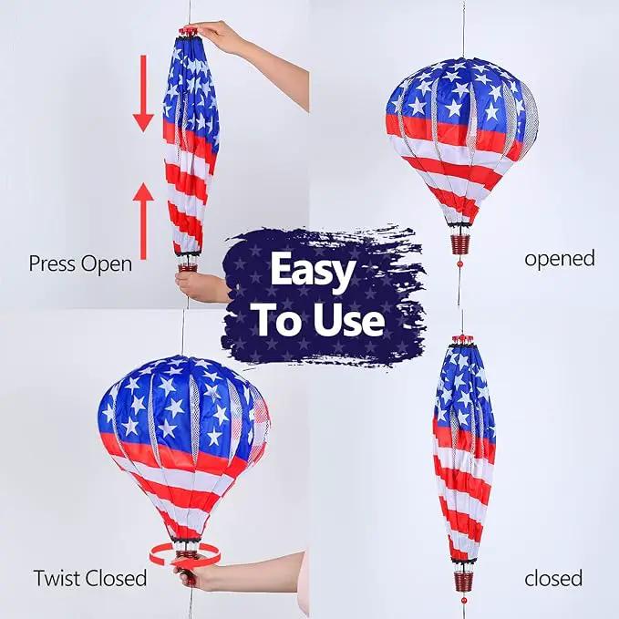 BATTIFE 2Pcs Patriotic Hot Air Balloon Wind Spinner, American Flag Kinetic Wind Twister with Tail, Outdoor Spiral Windmill Garden Yard, 4th of July Hanging Decoration, photo 3 of 9