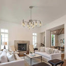 9-Light Brushed Nickel Glass Chandelier, Adjustable Height Hanging Industrial Dining Room Chandelier Over Table, Modern Farmhouse Chandelier for Kitchen Island Living Room Entryway Bedroom by CozyNest Decor