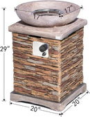 COSIEST Outdoor Propane Fire Pit Table w Faux Brown Compact Ledge Stone 20" Square Base and Faux Rose-Marble Round Bowl, CSA Certified, 40,000 BTU, Free Lava Rocks, Fits 20lb Tank Inside, Raincover by GreenHaven Gardens