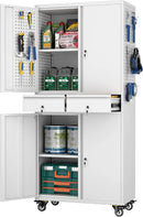 Aobabo Metal Storage Cabinet with 2 Locking Drawer and Pegboard, Steel Rolling Tool Cabinet with 8 Hooks and 2 Adjustable Shelves for Garage, Home, Office, Kitchen Assembly Required, White by GreenHaven Gardens