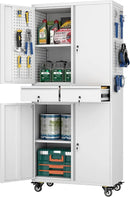 Metal Garage Storage Cabinet with Locking Doors and 2 Adjustable Shelves, Rolling Tool Storage Cabinet with 4 Wheels and 2 Drawer for Garage, Warehouse, White, Assembly Required by GreenHaven Gardens