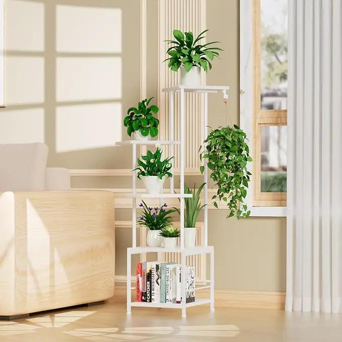 Plant Stand Indoor with Grow Light, 5-Tiered Tall Plant Stand Indoor, Metal Plant Shelf with Hanging Basket Hook and Adjustable Light, Ideal for Living Room, Garden, Patio white, photo 8 of 8