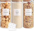 3 Pack Glass Jar with Airtight Bamboo Lid and White 132 Kichen Pantry Labels Preprinted - 56 Oz Clear Tall Glass Food Storage Containers set For Pasta Flour Cookie Rice by CozyNest Decor
