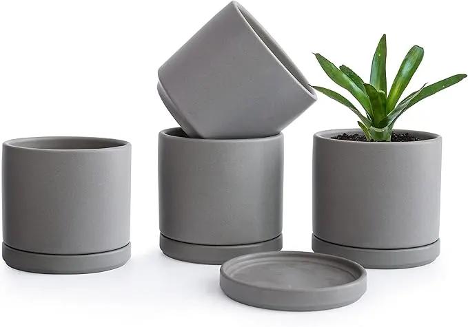 D'vine Dev Set of 4 Small Ceramic Plant Pots, 4.6 Inch Succulent Planter Pot for Plants with Drainage Hole and Saucer, Grey, 94-X-B-3