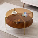 Extra Large Round Coffee Table, Mid-Century Modern Design, D34 x H17 in, for Living Room, 2-Tier Structure, Amber Glass Top and Walnut MDF Shelf, Sleek Conical Metal Legs with Gold Finish by CozyNest Decor