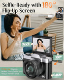 4K Digital Camera for Photography with WiFi,64MP Autofocus Vlogging Camera for YouTube,3'' 180° Flip Screen Compact Travel Camera for Teens with 32GB SD Card,16X Zoom,Anti-Shake,2 Batteries(Charcoal) by TinyTreasures Baby Boutique