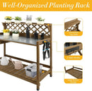 Garden Potting Bench with Metal Tabletop,Outdoor Potting Table Workstation Benches with Drawer/Storage Shelf，Fir Wood Potting Station Work Table with Open Shelf,Lattice Back (Brown) by GreenHaven Gardens