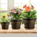Plant Planters Pots Set of 4 Pack 8 Inch, Plastic Flower Pot for Indoor Plants with Drainage Holes & Trays, Resin Decorative Container Sets with Saucer for House Outdoor Garden Planters Dark Gold by GreenHaven Gardens