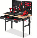 Work Bench for Garage 48 x 24 Inch Adjustable Height Workbenches with Drawers Heavy Duty Rubberwood Tabletop Work Table with Pegboard, Power Outlets for Office Home Commercial by GreenHaven Gardens