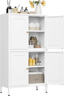 White Storage Cabinet with 4 Doors and 2 Adjustable Shelves,Narrow Food Pantry Cabinet with Leg,24 inch Wide Bathroom Cabinets,Small Metal Storage Cabinets for Home Kitchen,Dining/Living/Laundry/Room by CozyNest Decor