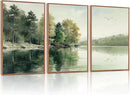 KAIRNE Framed Nature Canvas Wall Art Set,Misty Forest Wall Decor,Green Mountain Forest Pictures,Lake Water Painting set of 3(16”x24”),Landscape Scene Print for Living Room, Bedroom,Gallery Decor by CozyNest Decor