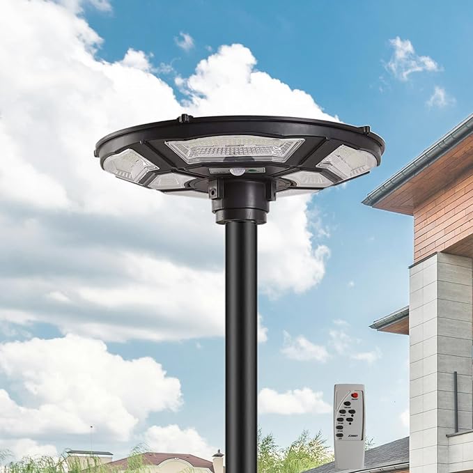 3500W Commercial Solar Round 360° Wide Angle Pole Outdoor Lamp Post Light with 98 inch Pole IP67 Waterproof With Remote