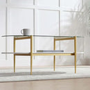 Oval Coffee Table, Mid-Century Modern Design, L41 x W21 x H17 inch, for Living Room, Clear Glass Top, White Marble Finish Wood Shelf & Gold Finish Frame by CozyNest Decor