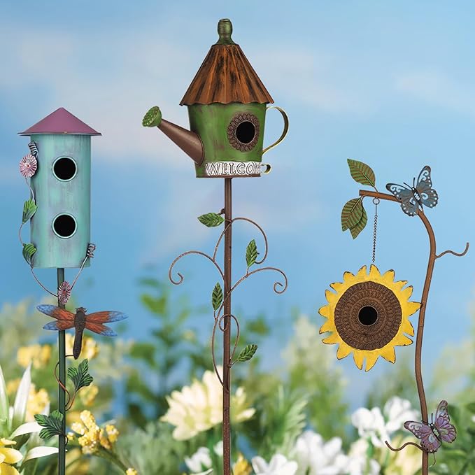 BAYN 57” Bird Houses Stake for Outside, Metal Wild Bird Feeder Double-Hole Birdhouse Stake with Cylinders Design Outdoor Decorations for Patio, Backyard, Garden, photo 7 of 7