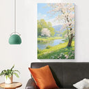 The scenery of a stream between trees and cherry blossoms under the blue sky is suitable for posting in the living room bedroom office landscape posters by CozyNest Decor