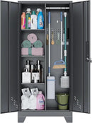Metal Storage Cabinet with Locking Doors, 61" Tall Garage with Hanging Rod, Broom Closet, Freestanding Bathroom Storage Cabinet, Cleaning Tool,Black by CozyNest Decor