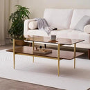 Rectangle Coffee Table, Mid-Century Modern Design, L41 W21 x H17, for Living Room, 2-Tier Structure, Amber Glass Top and Walnut MDF Shelf, Sleek Conical Metal Legs with Gold Finish by CozyNest Decor