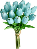 Mandy's Artificial Tulips 20 Stems Robin Egg Blue PU Faux Flowers for Wedding Home Decor 13.5 Inch by CozyNest Decor