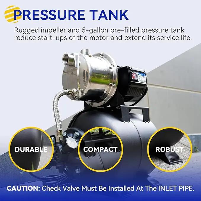Acquaer 1.6 HP Shallow Well Pump with Pressure Tank, Stainless Steel, 1320 GPH 115V Irrigation, Automatic Water Booster Jet Pump for Home, Garden, Lawn, photo 5 of 6