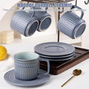 Large Cappuccino Cups with Saucers Set of 4, 8 Ounce Stackable Embossed Ceramic Coffee Mugs for Specialty Coffee Drinks, Latte, Cafe Mocha and Tea, Dishwasher & Microwave Safe (Blue) by CozyNest Decor
