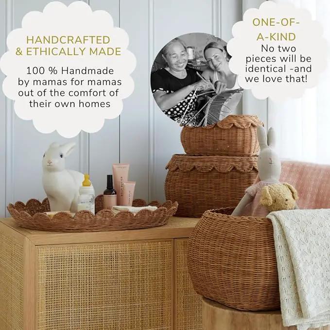 BEBE BASK Large Scalloped Basket Set Of 3 - Hand-Woven & Award-Winning Scallop Basket - XL - Extra Large for Blankets 22 x 16 x 10 In - Elegant Wicker With Scalloped Edge Lid (Mocca), photo 7 of 9