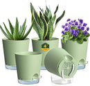 4 inch Self Watering Pots for Indoor Plants, 5 Pack Small Flower Plant Pots with Drainage Holes and Clear Reservoirs, Visible Water Level, Plastic Planters with Wicking Rope, Green by CozyNest Decor