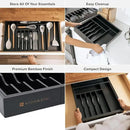 Premium Silverware, Flatware and Utensil Organizer for Kitchen Drawers, Food-Safe Contract Grade, Expandable from 16 to 28 In, Black Bamboo by CozyNest Decor