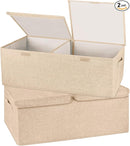 2 Pack Storage Boxes with Lids and Handles, Collapsible Linen Storage Bins Organizer Containers Baskets Cube with Removable Divider for Home Bedroom Closet Office (Khaki, Small) by TinyTreasures Baby Boutique
