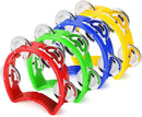 Flexzion Half Moon Musical Tambourine Set of 4, Red Yellow Blue Green, Double Row Metal Jingles Hand Held Percussion Drum with Ergonomic Handle Grip by TinyTreasures Baby Boutique