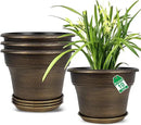 Plant Planters Pots Set of 4 Pack 10 Inch, Plastic Flower Pot for Indoor Plants with Drainage Holes & Trays, Resin Decorative Container Sets with Saucer for House Outdoor Garden Planters Dark Gold by GreenHaven Gardens