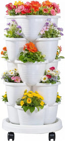 VECELO 5 Tier Vertical Garden Planter, Self Watering Stackable Planters with Wheels for Strawberries, Herbs, Flowers, Vegetables, White by GreenHaven Gardens