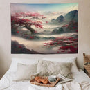 Japanese Tapestry, Red Plum Cherry Blossom Mountain, Nature Landscape, Bedroom & Living Room Decor, 80"x60" by CozyNest Decor
