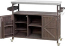 Farmhouse Solid Wood Grill Table with Stainless Steel Top, Outdoor Rolling Bar Cart & Storage Cabinet with Spice & Towel Rack, Outdoor Kitchen Island with Internal Storage Rack, Dark Brown by CozyNest Decor