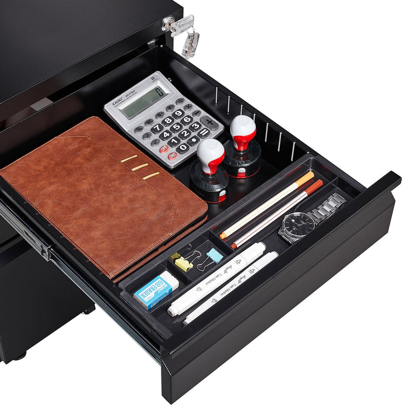 3-Drawer Mobile File Cabinet with Lock, Office Storage Filing Cabinet for Legal/Letter Size, Pre-Assembled Metal File Cabinet Except Wheels Under Desk (Black)